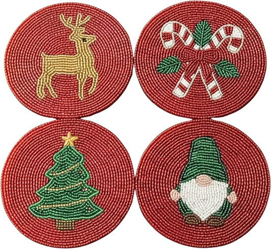 Folkulture Hand-Crafted Holiday Magic Beaded Coasters Set of 4 | Handmade Round Drink Coasters for Coffee Table & Bar | Boho Table Décor | Housewarming, Valentine Gifts