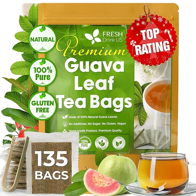 FreshDrinkUS, Premium 135 Guava Leaf Tea Bags, Handmade, From Great Origin, 100% Natural and Pure. Guava Tea, Loose Leaf Herbal Tea. No Sugar/Caffeine/Gluten, Vegan.