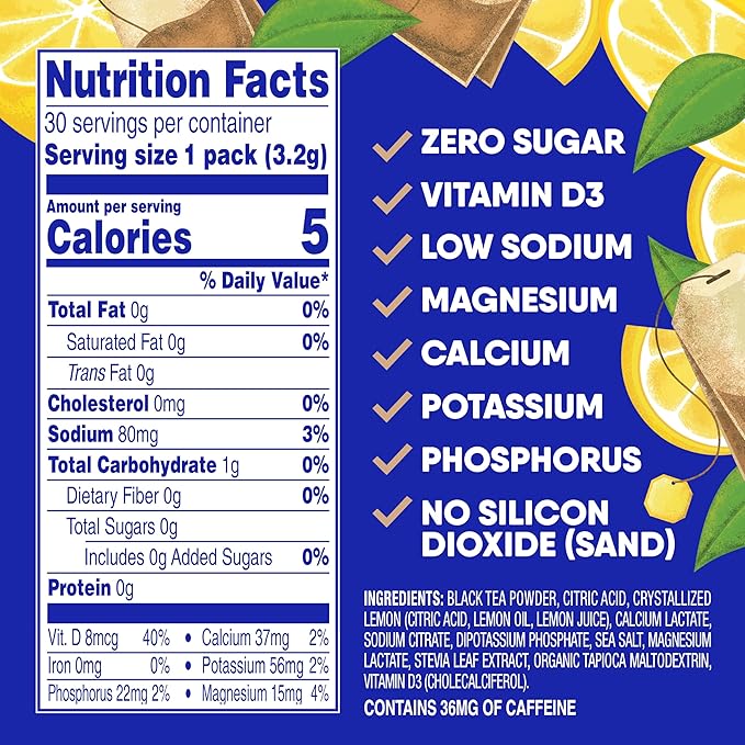 GoHydrate Low Sodium Electrolytes Powder Packets Sugar Free - Instant Hydration Daily Drink Mix - Zero Sugar Water Flavor Packet Singles with Vitamin D - (Iced Tea Lemonade, 30 Packs)