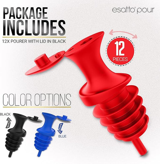 Esatto Pour and Seal, Plastic Bottle Pourers With Built In Lid – Easy and Precise Pouring, Lid for Storing and Healthy Practices, Professional Bar Tool, Pack of 12 Pieces Wine Stopper Pourer (Red)