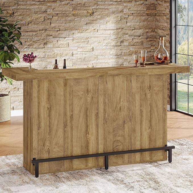 Tribesigns 4-Tier Bar Table, 70.9-Inch Large Wooden Home Bar Unit with Wine Glass Holder and Black Footrest, Pub Table with Storage Shelves for Basement, Dining Room, Living Room, Light Brown