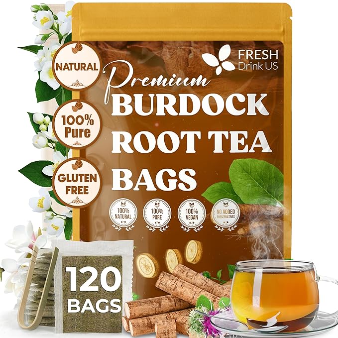 FreshDrinkUS, Premium 120 Burdock Root Tea Bags, 100% Natural & Pure, Herbal Tea. Made with Natural Material Tea Bags. No Sugar, No Caffeine, No Gluten, Vegan.