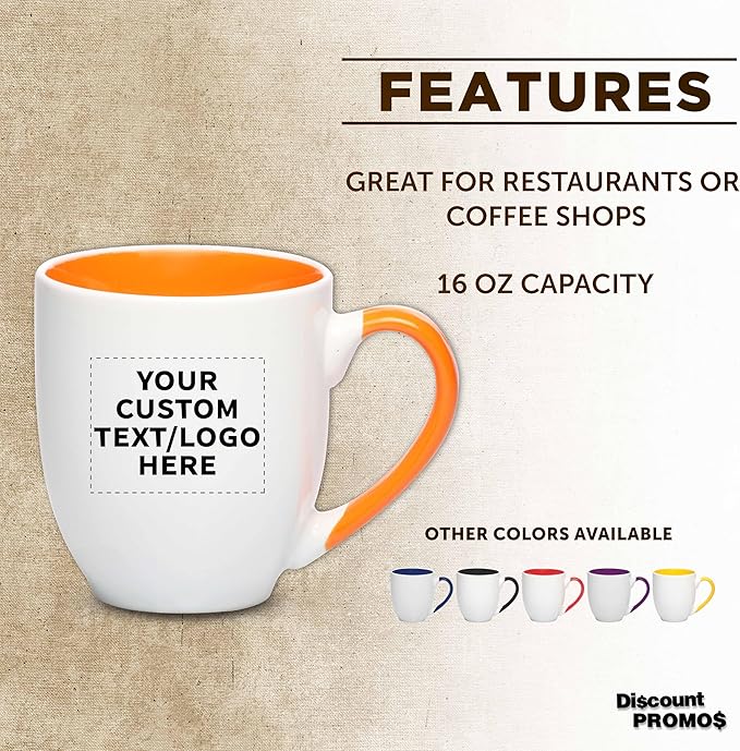 Custom Bistro Style Large Coffee Mugs 16 oz. Set of 10/50/100, Personalized Bulk Pack - Perfect for Coffee, Tea, Espresso, Hot Cocoa, Other Beverages - Orange