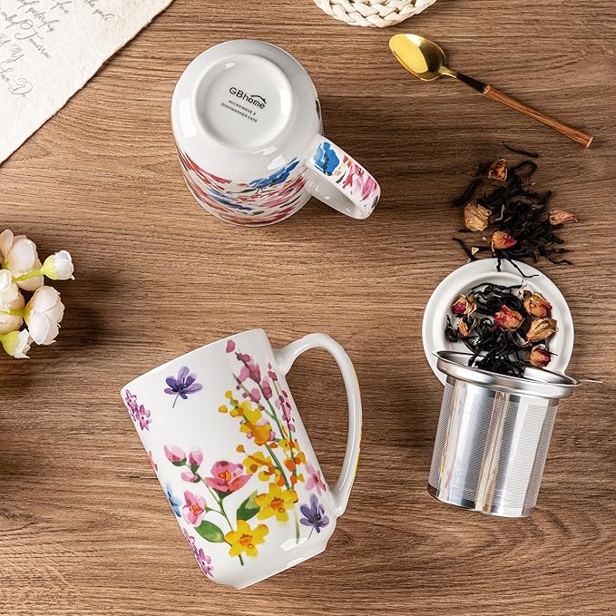 GBHOME Tea Mug with Infuser and Lid, 18 Ounce Large Ceramic Loose Leaf Cup, Microwave, Dishwasher Safe, Perfect For Tea Lovers