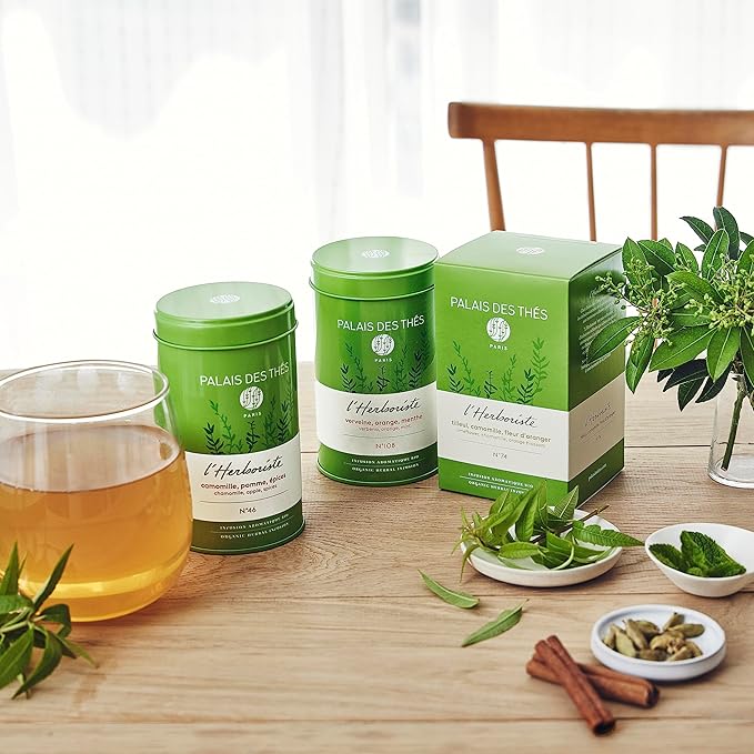 Palais des Thés Caffeine-Free Tea - L'Herboriste N°74 Organic Calming Herbal Blend with Limeflower, Chamomile & Orange Blossom - Premium Tea Bags, Serves 20 Cups