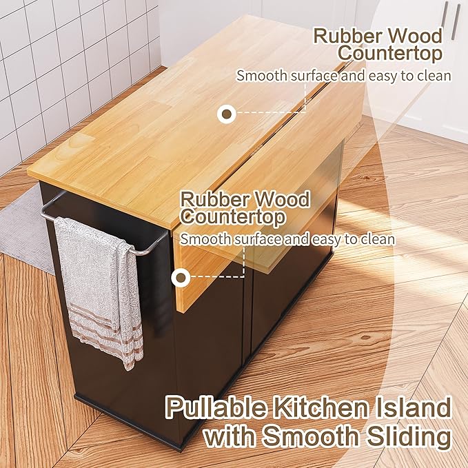 SUNLEI Kitchen Island on Wheels with Storage Cabinet & Foldable Drop Leaf, Rolling Kitchen Table, Cart Handle for Towel Rack, Drop Leaf, Portable Islands for Kitchen (Classic Black, 39.7-INCH)…