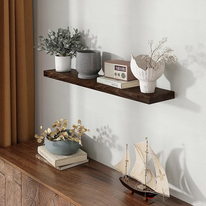 Fun Memories Wood Floating Shelves 40 Inch Long, Solid Elm Wood Wall Shelves Set of 1 for Kitchen, Living Room, Bedroom, Wall-Mounted Rustic Wooden Bathroom Shelf Storage Shelf for Farmhouse, Walnut