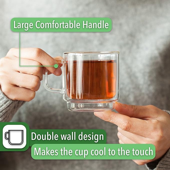 BTaT- Double Walled Stackable Espresso Cups, 5 oz, Set of 4, Clear Coffee Mugs, Double Wall Insulated Espresso Cups, Coffee Mugs for Tea, Lattes, Hot & Cold Beverages