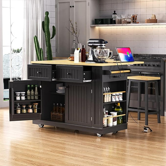 Rolling Kitchen Island with 2 Bar Stools, Drop Leaf & Power Outlet, Large Kitchen Islands Cart on Wheels, Movable Kitchen Island with 5 Open Shelves & Towel Rack for Kitchen, Dining Room, 48″, Black