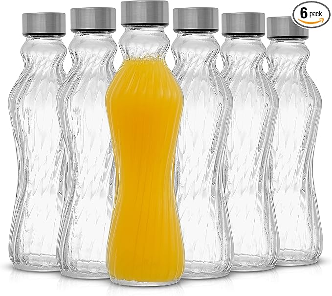 JoyJolt Fluted Glass Water Bottles Set of 6-18 oz Glass Bottles with Stainless Steel Leakproof Lids
