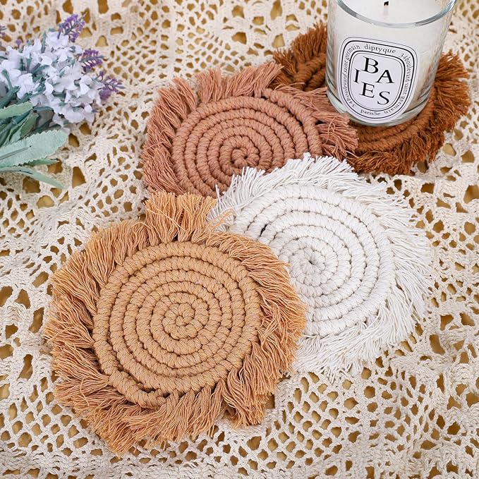 Whaline Boho Macrame Coasters Set of 4 Handmade Woven Coaster for Drinks Bohemian Cup Mat with Tassel for Kinds of Mugs and Cups Coffee Home Kitchen Office Wooden Table Decor