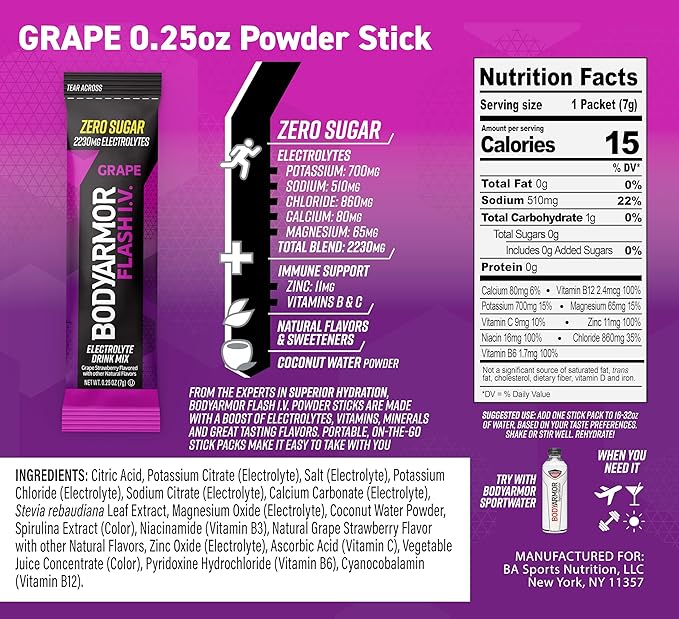 BODYARMOR Flash IV Electrolyte Packets, Grape - Zero Sugar Drink Mix, Single Serve Packs, Coconut Water Powder (6 Count) (Pack of 2)