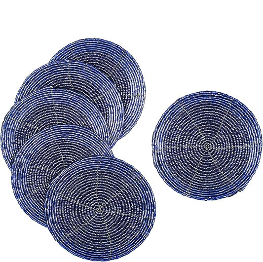 Handmade Beaded Wire Coaster Set of 6-4 Inch Round Coasters, Elegant Beautiful Stylish Decorative Drink Coaster Perfect for Home, Office, Christmas, & Everyday Use - Royal Blue