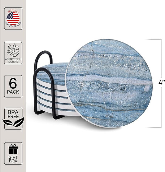 Emerson Coasters for Drinks Absorbent – Natural Stone Drink Coasters Set with Holder, Coasters for Coffee Table, Wooden Tabletop Protection Marble Style – 100% Heavy Duty Set of 6 (Beach)