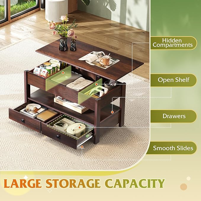 WLIVE Coffee Table, Lift Top Coffee Table with 2 Drawers, Large Storage and Open Shelf, Lift Tabletop for Living Room, Dining Table, Espresso