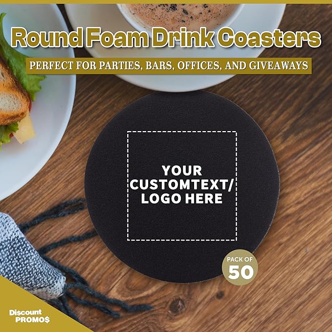 50 Round Foam Bud Coasters Pack, 4 inch - Customizable Text, Logo - PU Foam, Party Favor - Black