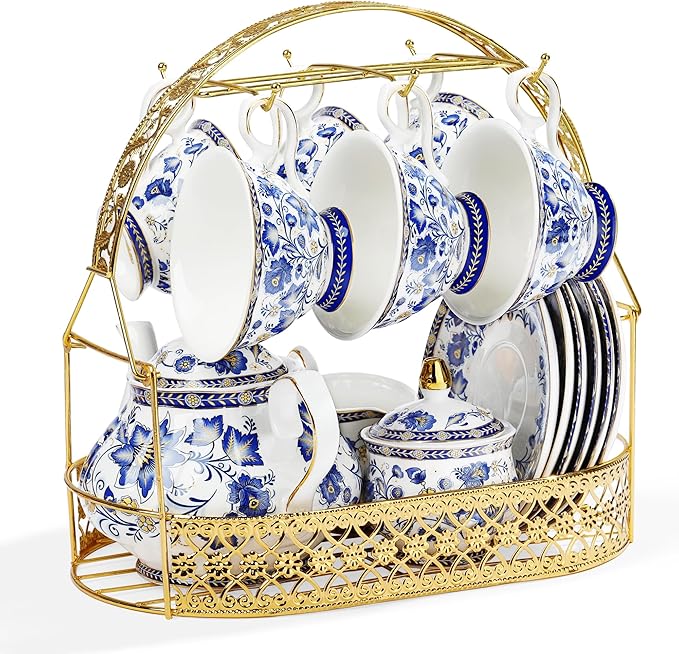 fanquare Porcelain Tea Sets,Blue British Coffee Cups& Saucer Service for 6, with Teapot,Sugar Bowl,Creamer Pitcher and Golden Metal Rack
