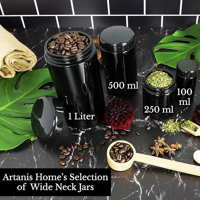 Black Ultraviolet Glass Jar with Lid | 1 Liter 33.8 oz Airtight Smell Proof Container | Wide Neck Herb Storage, Ideal for Coffee, Tea, Spices, Dried Goods, Tall Glass Jar for Kitchen