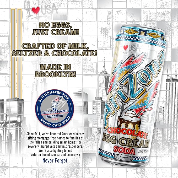 AriZona Chocolate Egg Cream Soda, Tunnels to Towers Foundation - Big Can, 22 Fl Oz (Pack of 12)