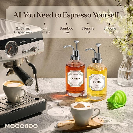 Moccado Glass Coffee Syrup Dispenser for Coffee Bar - Set of 2 Silver 500 ml / 16.9 oz Glass Syrup Bottles, Includes Bamboo Tray, 16 Stencils, Labels, Coffee Bar Accessories