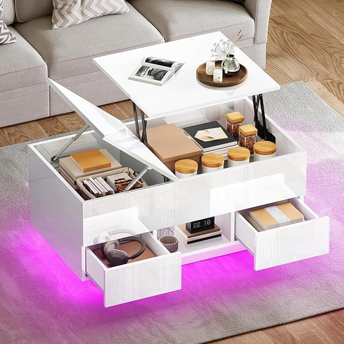 YITAHOME LED Lift Top Coffee Tables for Living Room with Power Outlets Charging Station, Modern Coffee Table with Storage 2 Drawers and Open Shelfs Rectangular Small Coffee Table Decor, Glossy White