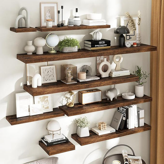 Floating Shelves for Wall with Invisible Brackets, Wall Mounted Engineered Wood Shelves with Wood Grain for Living Room, Bathroom, Kitchen Decor and Storage, Oak, 71"L Set of 2, Rustic Brown