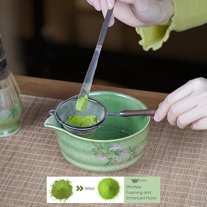 7-Piece Matcha Set with Ceramic Matcha Bowl, Bamboo Whisk (Chasen) & Holder, Sifter, Tea Scoop & Rest, Special Bamboo Tea Mat - Perfect Matcha Kit for Matcha Lovers & Gift Giving, Green