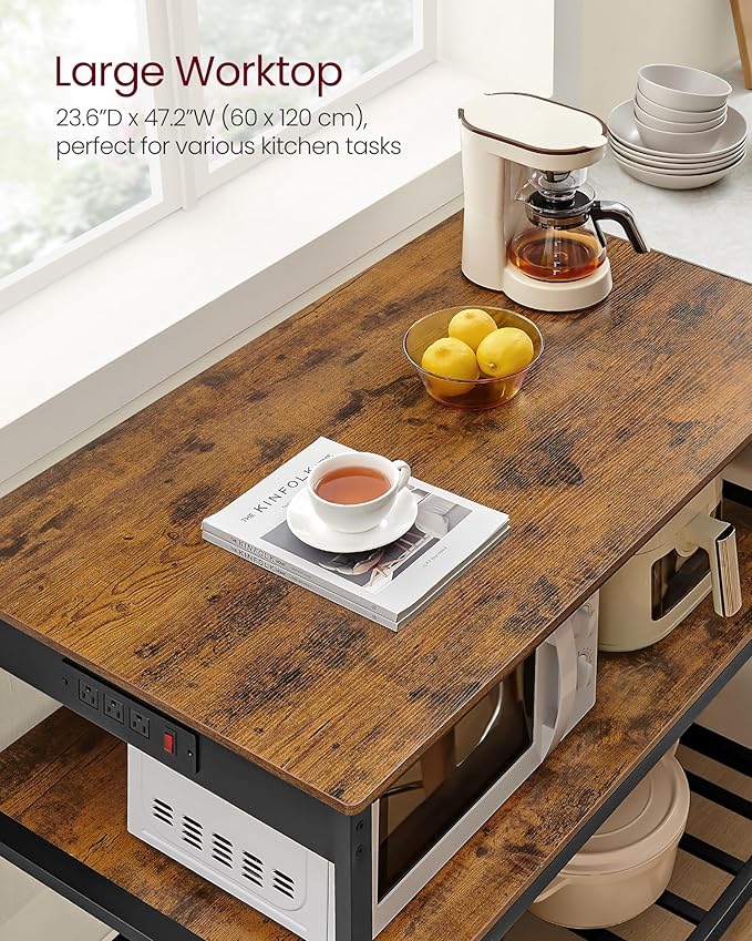 VASAGLE Kitchen Island with 3 Shelves, 47.2 Inches Width Kitchen Shelf with Power Strip, Large Worktop, Stable Steel Structure, Industrial, Easy to Assemble, Rustic Brown and Black UKKI101K01