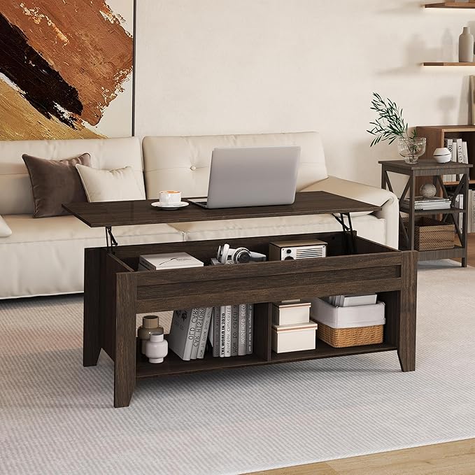 Yaheetech Lift Top Coffee Table with Hidden Storage Compartment & Seperated Lower Shelf, Lift Up Coffee Table, Rising Tabletop Dining Table for Living Room, 39.5 in L, Espresso