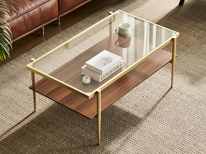 Shrine Rectangle Coffee Table, Mid-Century Modern Design, 2-Tier Structure, Clear Glass Top and Walnut MDF Shelf, 39.4" D x 21.6" W x 17.3" H, Sleek Conical Metal Legs with Gold Finish