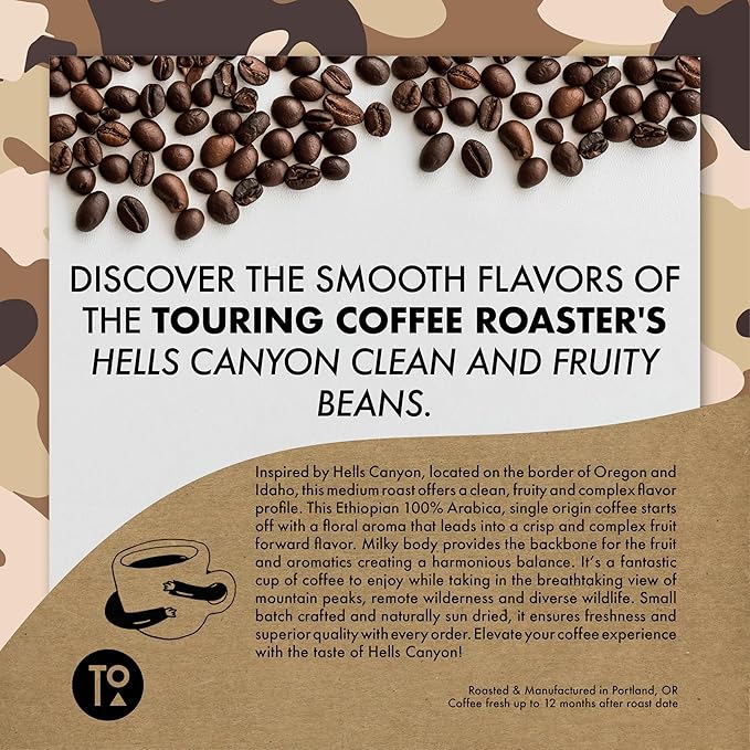 Touring Coffee Roasters Hells Canyon Ethiopian Coffee Whole Beans Medium Roast - 100% Arabica Single Origin, Fruity, Clean, Smooth, Natural Sun Dried – 12oz