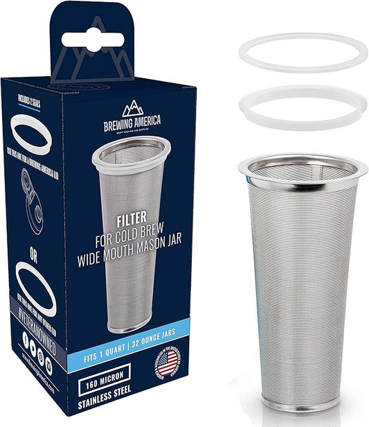 Brewing America Cold Brew Filter for Mason Jar Wide Mouth Coffee Maker, UPGRADED Stainless Steel Mesh with 2 Silicone Seals (1 Quart 32 Ounces)
