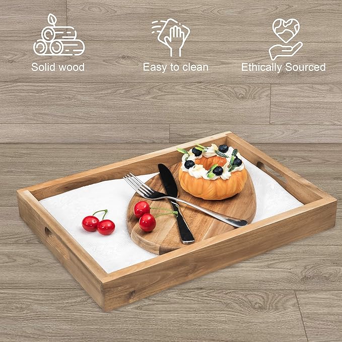 item_name: VICTORY RELAX Natural Acacia Wooden Rectangular Serving Tray with Handles, Set of 2 (15"x11" & 13.6"x 9.6"), Large Tray for Ottoman, Breakfast in Bed, Dinner, Coffee Table Decor & Kitchen