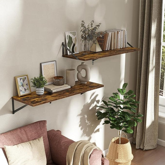 Deep Floating Shelves Wall Mounted, 36"x12" Brown Wood Shelves with Brackets Set of 2 for Bedroom, Living Room, Bathroom, Kitchen, Office - Storage & Display Shelf for Decor, Books, Plants