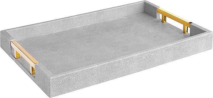 Modern Elegant 17.5"x12" Rectangle Glossy Grey Shagreen Faux Leather Decorative Tray Ottoman Coffee Table Perfume Kitchen Display Perfume Serving Tray with Gold Polished Metal Handles.