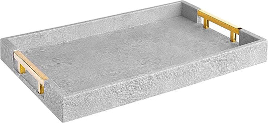 Modern Elegant 17.5"x12" Rectangle Glossy Grey Shagreen Faux Leather Decorative Tray Ottoman Coffee Table Perfume Kitchen Display Perfume Serving Tray with Gold Polished Metal Handles.