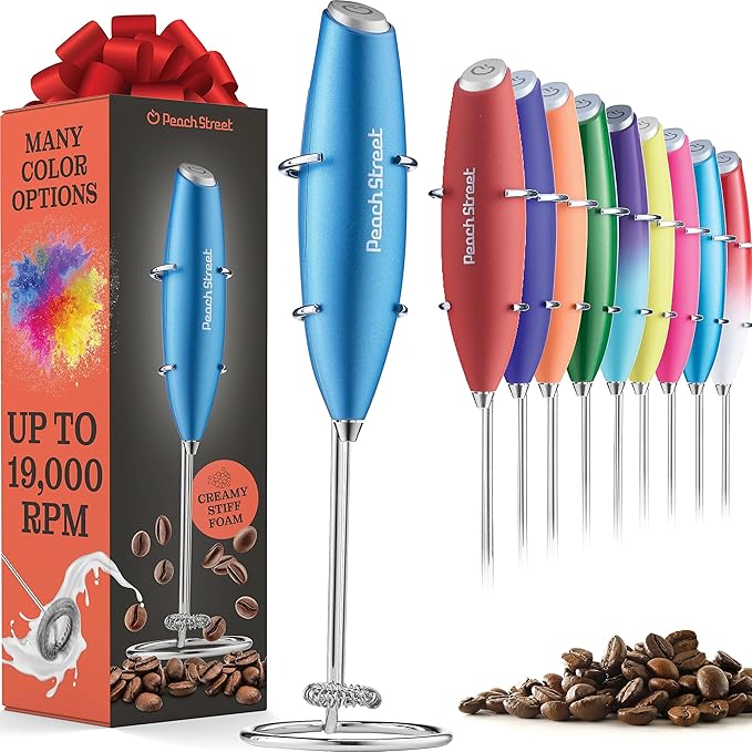 Powerful Handheld Milk Frother, Mini Milk Foamer, Battery Operated Stainless Steel Drink Mixer with Frother Stand