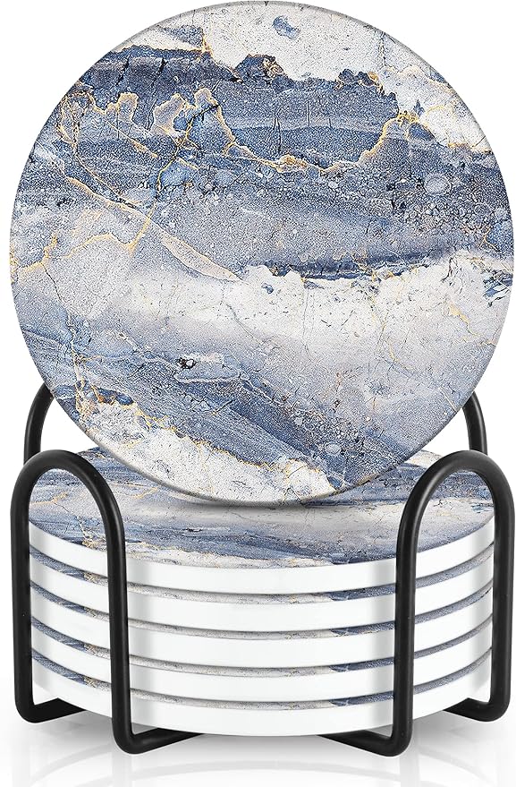 Emerson Essentials Coasters for Drinks Absorbent with Holder, Set of 6, Cork Bottom Ceramic Stone Marble Style for Wooden Coffee Bar Tables, Glass Tabletop Non Slip, Natural Stone