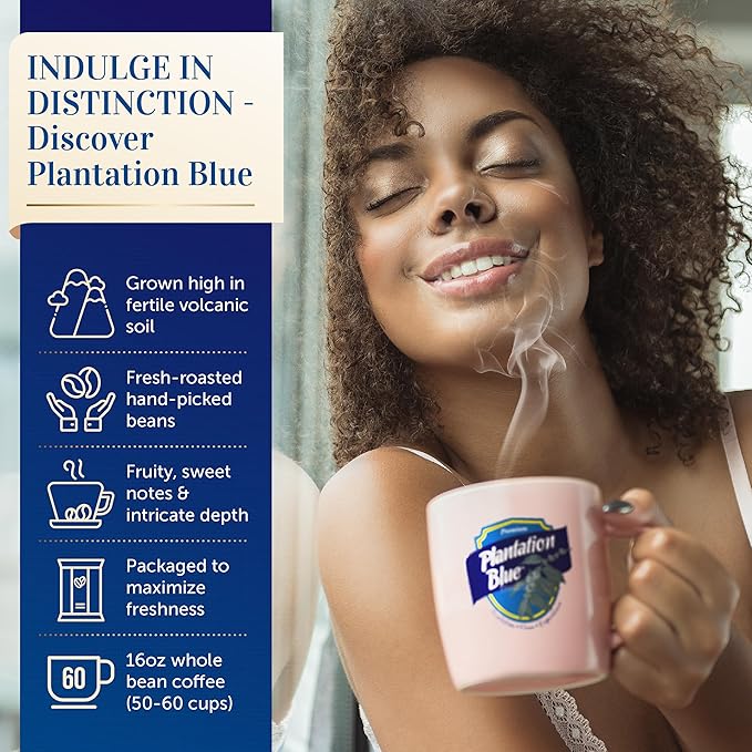 Plantation Blue 100% Blue Mountain Coffee from Jamaica, Medium Roasted Whole Beans (12oz)