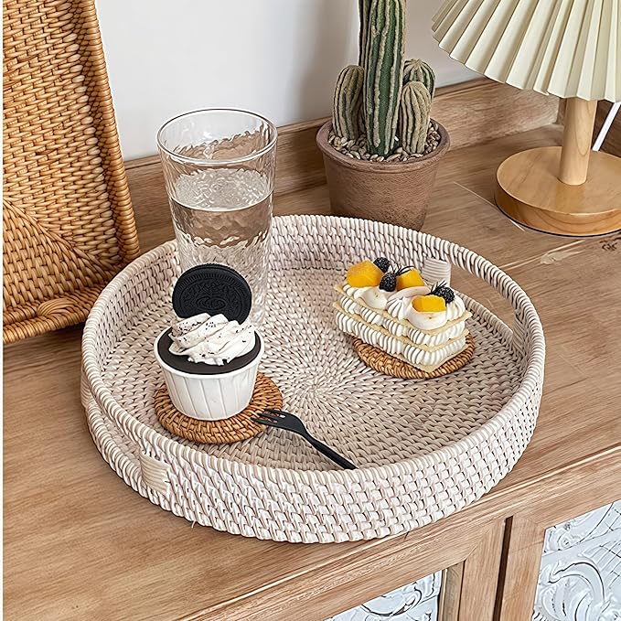 2 Pack Round Rattan Tray, Hand Woven Serving Tray with Handles, Wicker Serving Basket, Decorative Tray for Home Decor, Whitewash (11.8 + 14 inch)