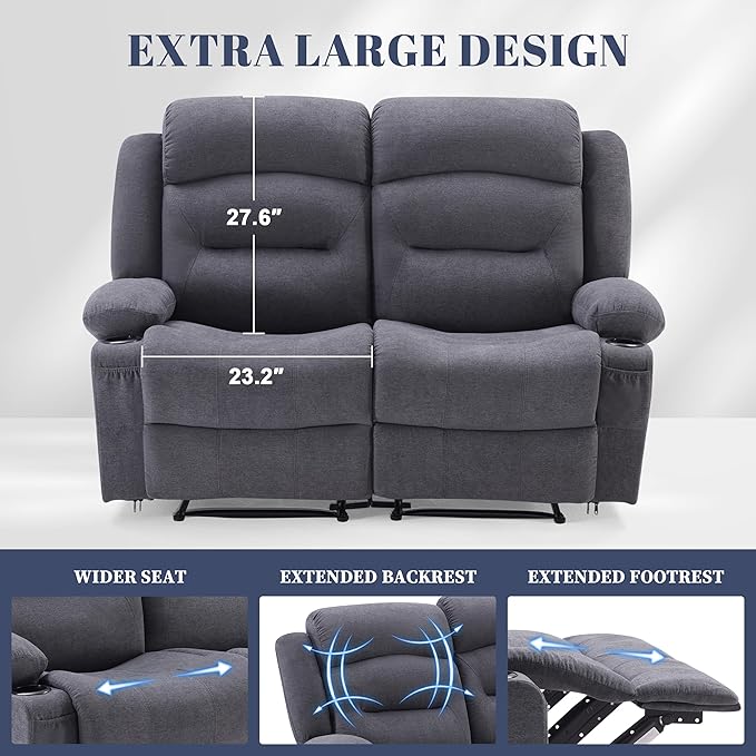 Oversized Recliner Loveseat with Heat and Massage, Wall-Hugger Reclining Sofa with Cup Holders and USB Port, Big Large 2-Seater Double RV Recliner Loveseat for Living Room (Fabric, Grey)