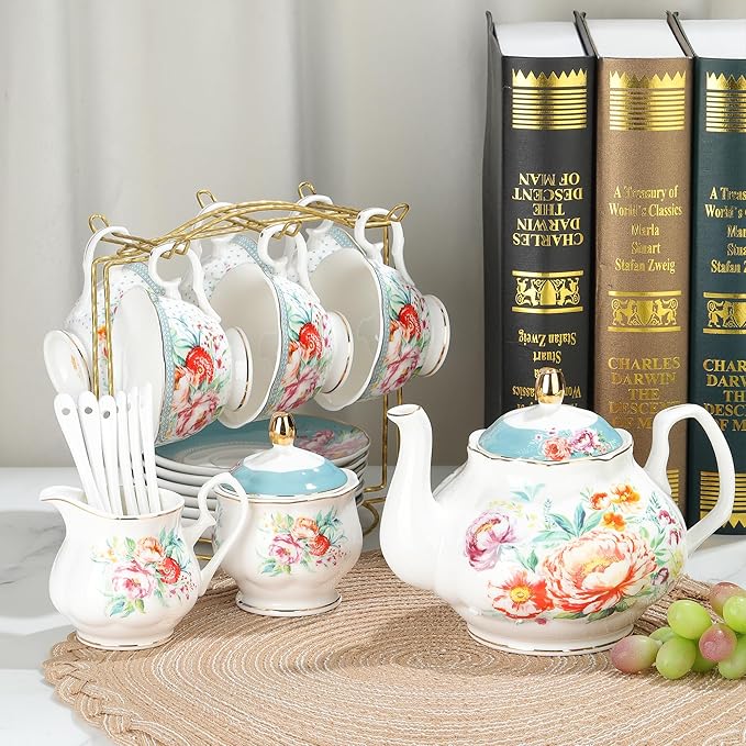fanquare 21-Piece Green and Floral Porcelain Tea Set, Vintage Ceramic Tea Cup and Saucer Set for 6, Teapot Set for Women Party