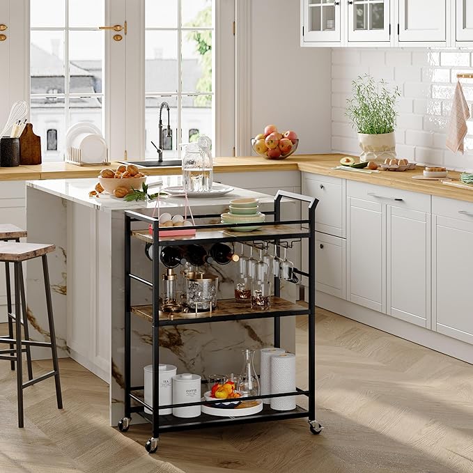 Metal Bar Carts, Rolling Bar Cart with Wheels, Liquor Cart, Rustic Brown Small Bar Cart, Wine cart, Beverage Cart with Glass Holders & Wine Rack for Kitchen Dining Living Room (Rustic Brown) GBC507R