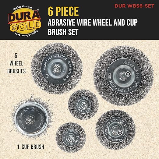 Dura-Gold 6-Piece Abrasive Wire Wheel and Cup Brush Set, 1/4" Drill Shank, Carbon Steel Bristles - 1 Cup & 5 Wheel Brushes - Surface Prep Grinding, Stripping Metal, Clean Remove Rust Corrosion, Paint