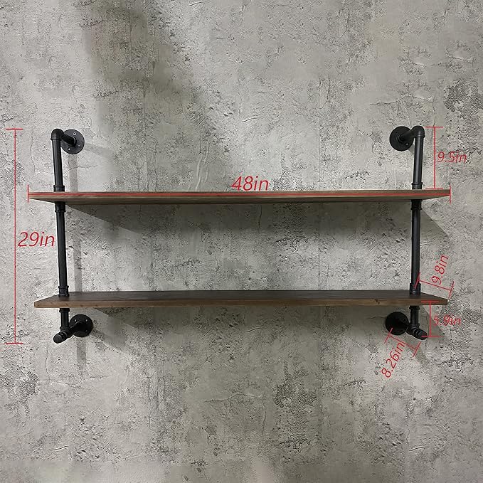 ROGMARS Industrial Pipe Solid Wooden Floating Book Shelves for Living Room Wall Shelving Kitchen Wall Shelves Bar Shelving 48 inch Rustic Farmhouse Shelves 2 Tier