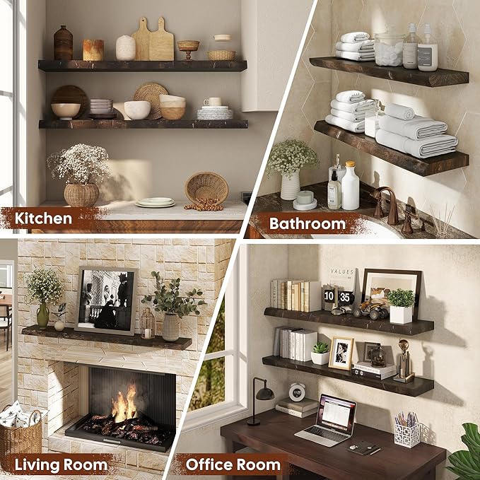 Floating Shelves Set of 2, Solid Elm Wood Wall Shelves 36 Inch - Invisible Bracket Mount for Living Room, Bedroom, Kitchen, Bathroom - Brown