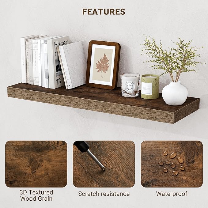 40 Inch Floating Shelves, 3D Textured Wood Grain, 40"x9.25"x1.5" Inch Deep Floating Shelves for Wall, Wooden Shelves for Bathroom, Bedroom, Living Room, Brown, 1 Piece