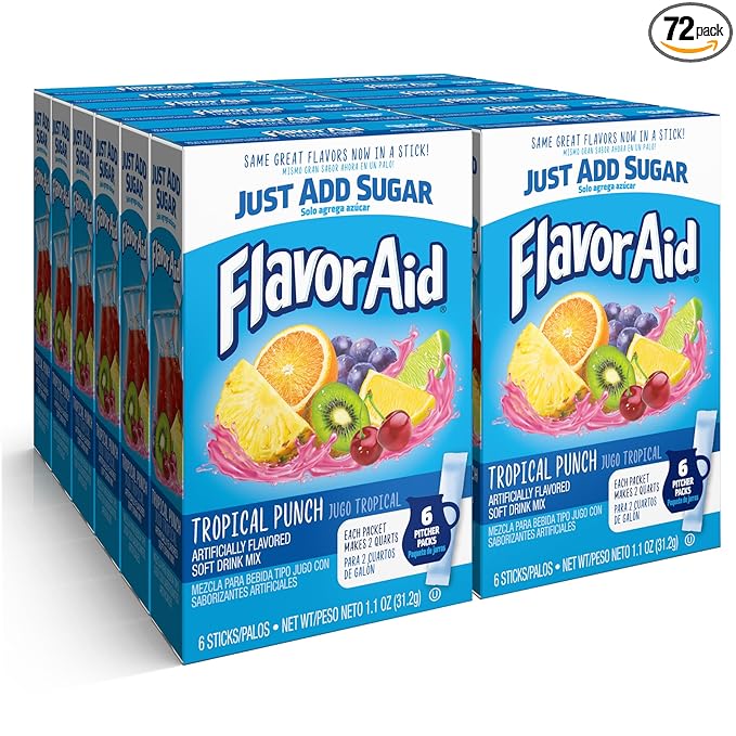 Flavor Aid Tropical Punch Unsweetened Drink Mix Pitcher Packets, 2 Quart (6 Sticks), 72 Count