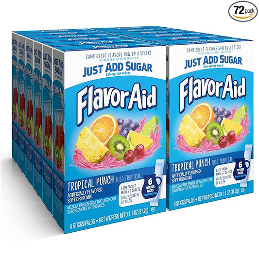 Flavor Aid Tropical Punch Unsweetened Drink Mix Pitcher Packets, 2 Quart (6 Sticks), 72 Count