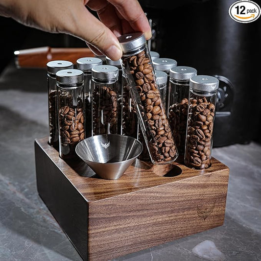 Single Dose Coffee Bean Storage Tubes Espresso Bean Cellar 12pcs One-Way Exhaust Valve Lids Glass Dosing Vials With Walnut Stand & Stainless Steel Funnel